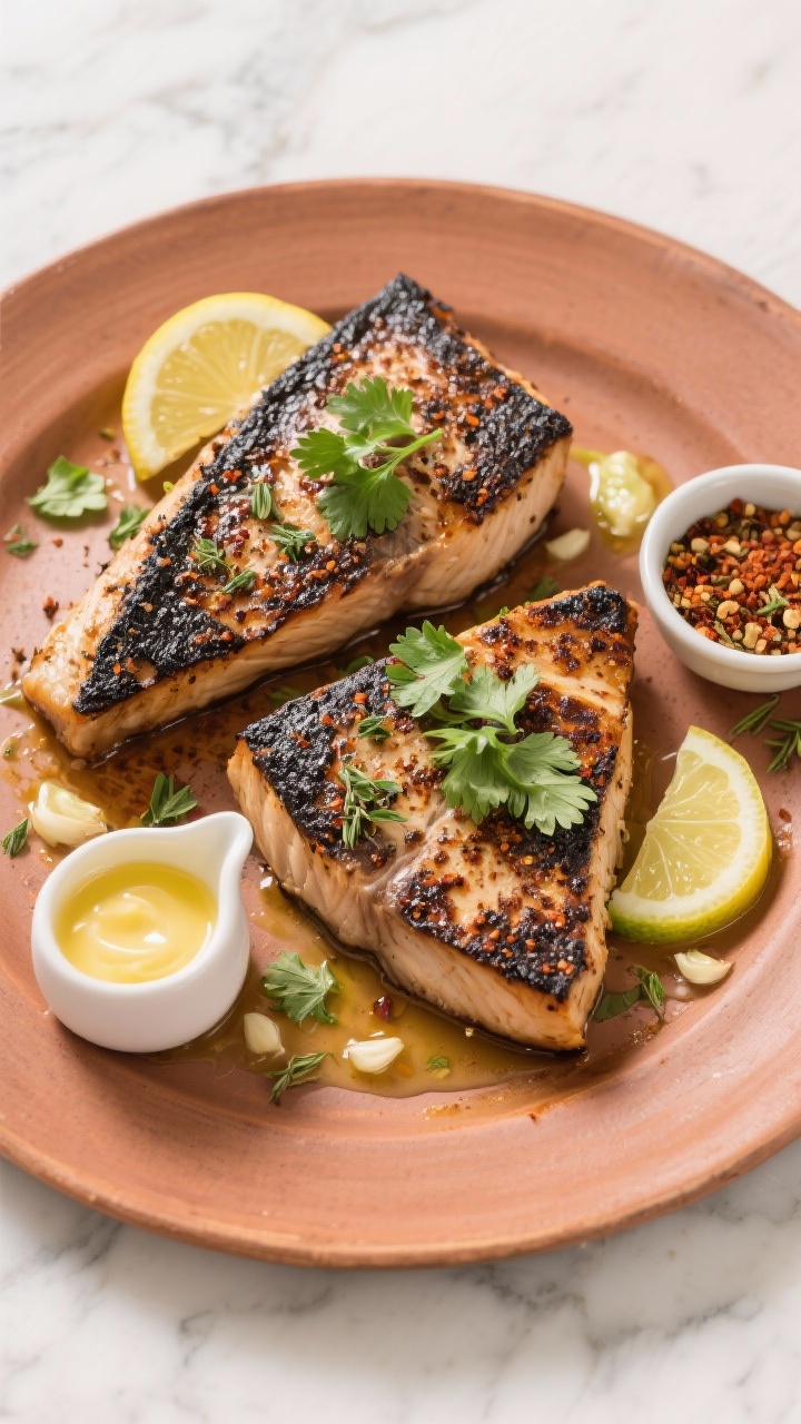 Tasty top view: Overhead shot of two blackened swordfish steaks resting on a warm platter, garnished
