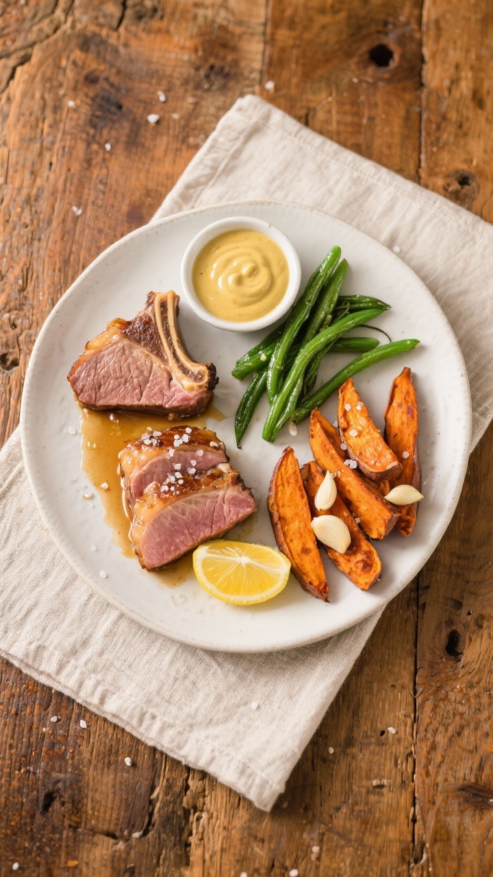 Tasty top view: Overhead shot of two bone-in sous vide pork chops sliced and fanned on a matte white