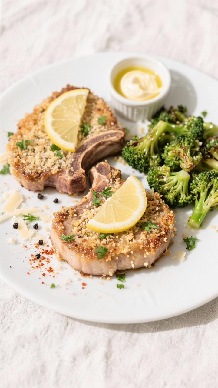 Tasty top view: Overhead shot of two plated Keto Parmesan Crusted Pork Chops on a matte white plate,