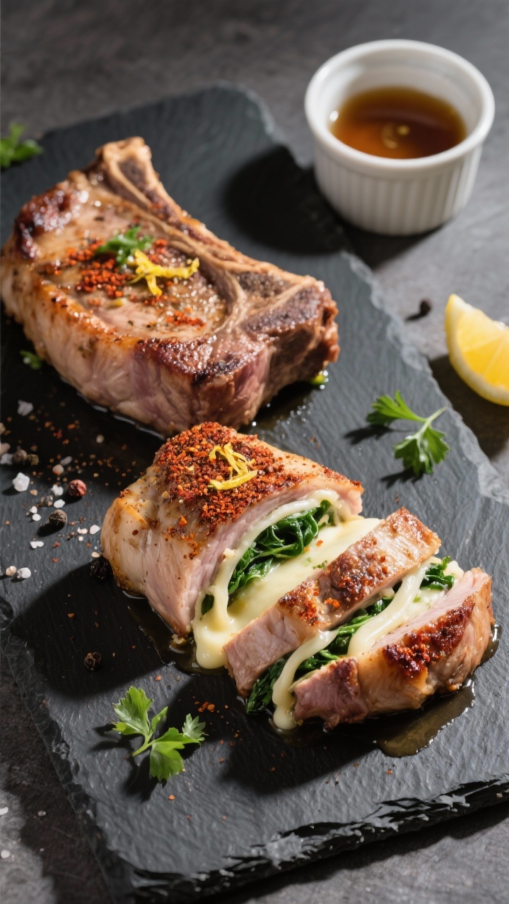 Tasty top view: Overhead shot of two stuffed pork chops on a dark slate board, one whole and one cut