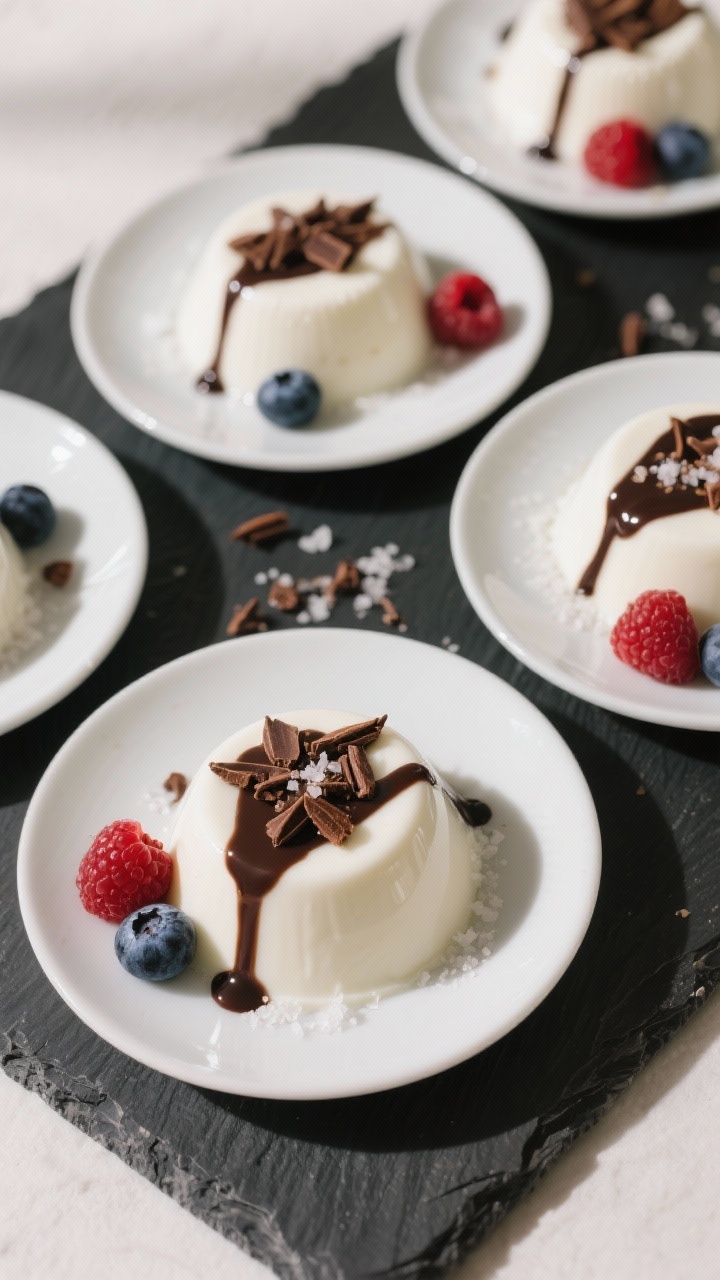 Tasty top view: Overhead shot of unmolded keto panna cotta on matte white plates for a dinner-party 