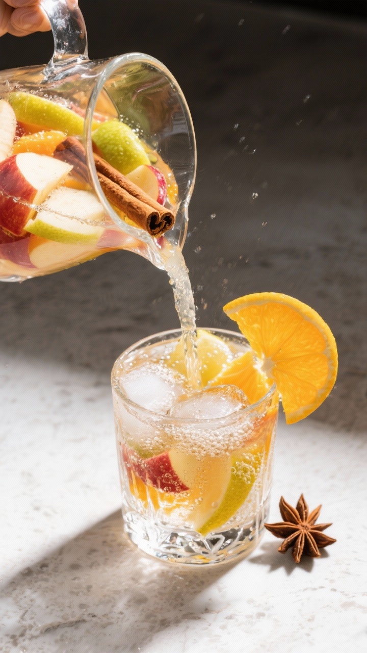 Tasty top view: Overhead, single dramatic pour moment—sangria being poured from a clear pitcher in