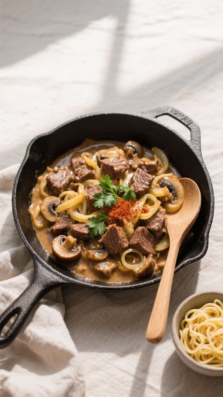 Tasty top view — Overhead skillet shot: Overhead of finished Lamb Stroganoff in a black cast-iron 