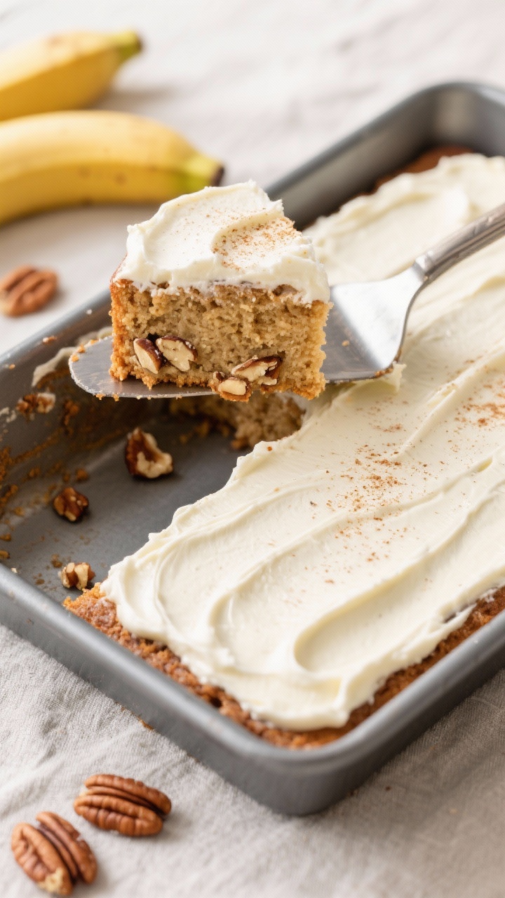 Tasty top view: Overhead slice-and-serve scene of banana sheet cake in the pan with cream cheese fro