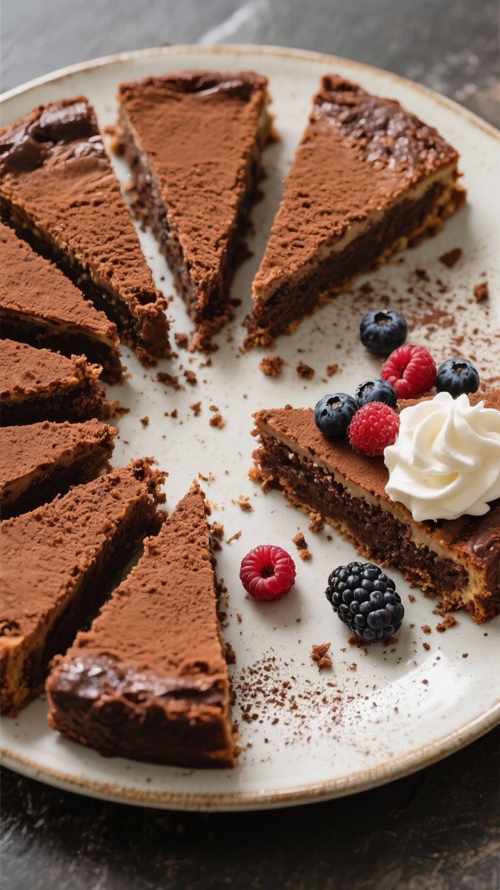 Tasty top view: Overhead slice-and-serve scene with several neat wedges of the cake on a ceramic pla