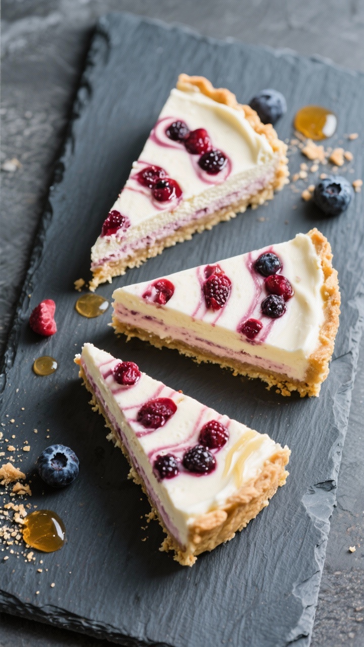 Tasty top view: Overhead slice lineup—three neatly cut wedges of the ice cream pie arranged radial
