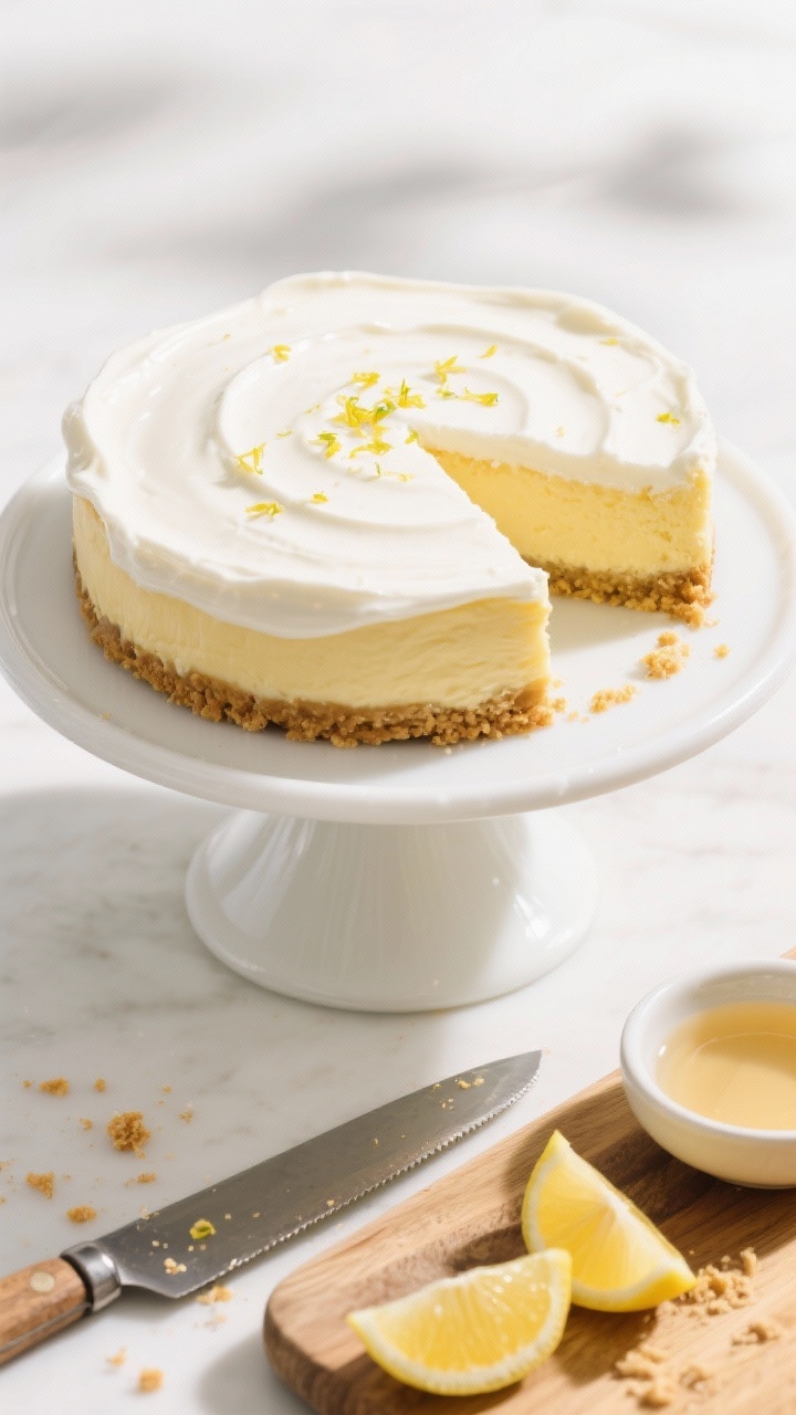 Tasty top view: Overhead slice service scene of the fully chilled cheesecake on a white cake stand, 