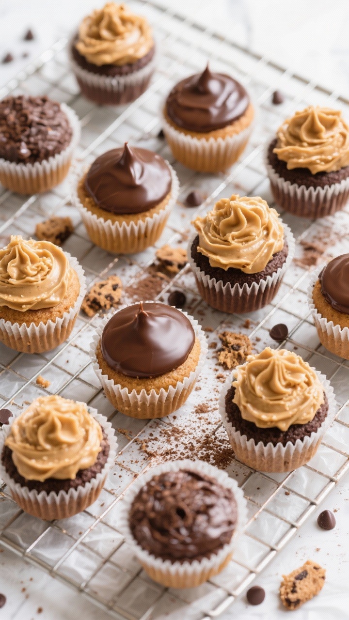 Tasty top view: Overhead spread of a dozen cupcakes in parchment liners, alternating finishes: some