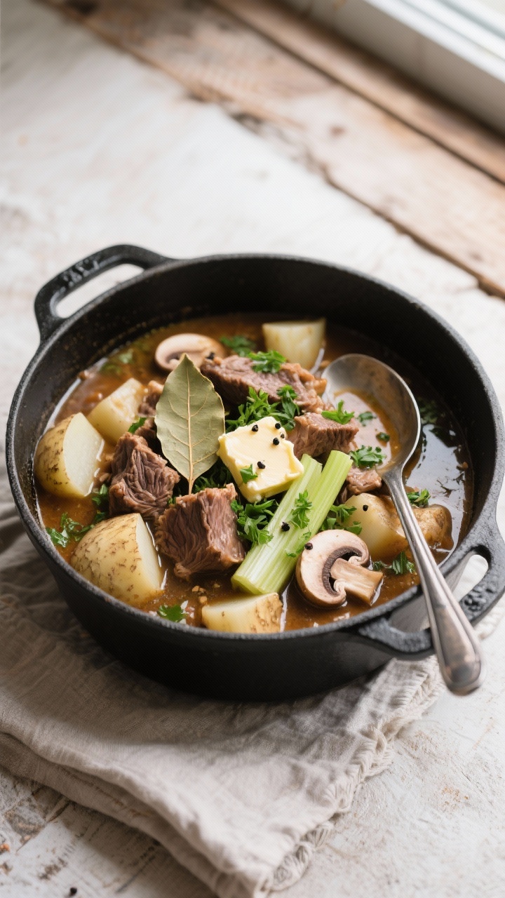 Tasty top view, overhead stew-in-pot: Overhead shot of the finished keto lamb stew in a matte black 