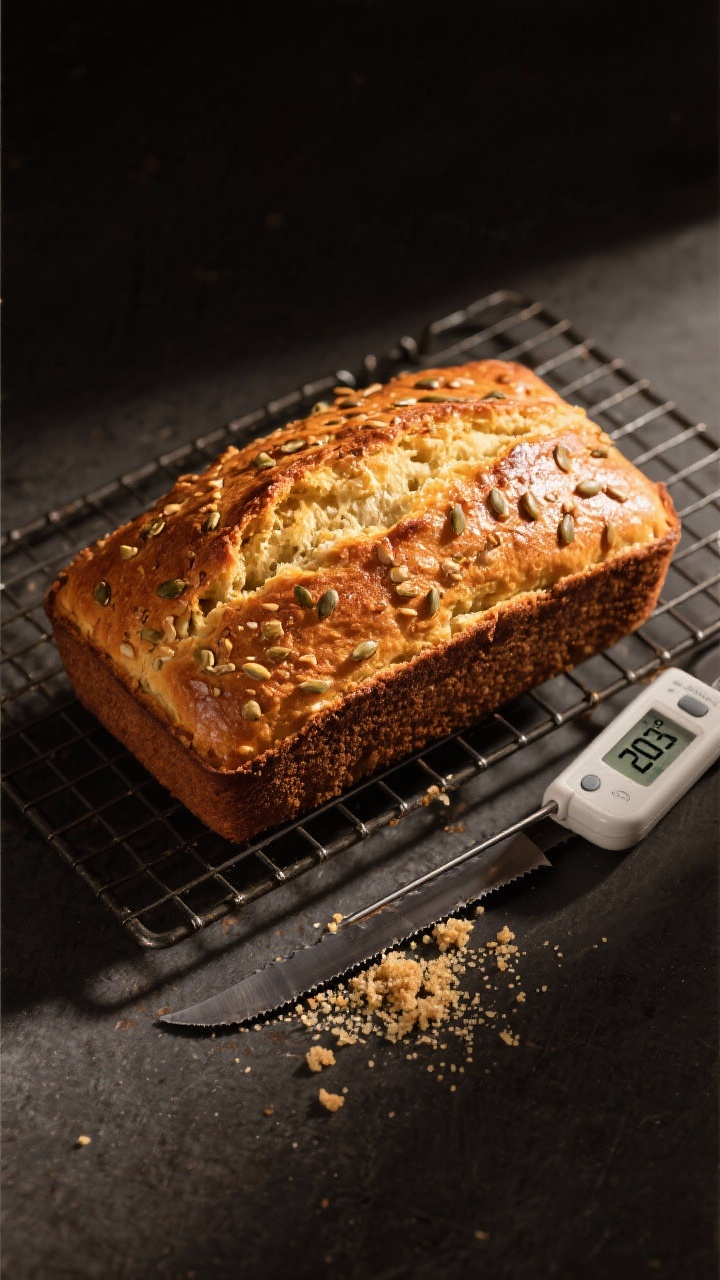 Tasty top view: Overhead tableau of the baked loaf cooling on a wire rack, deep golden crust with ev