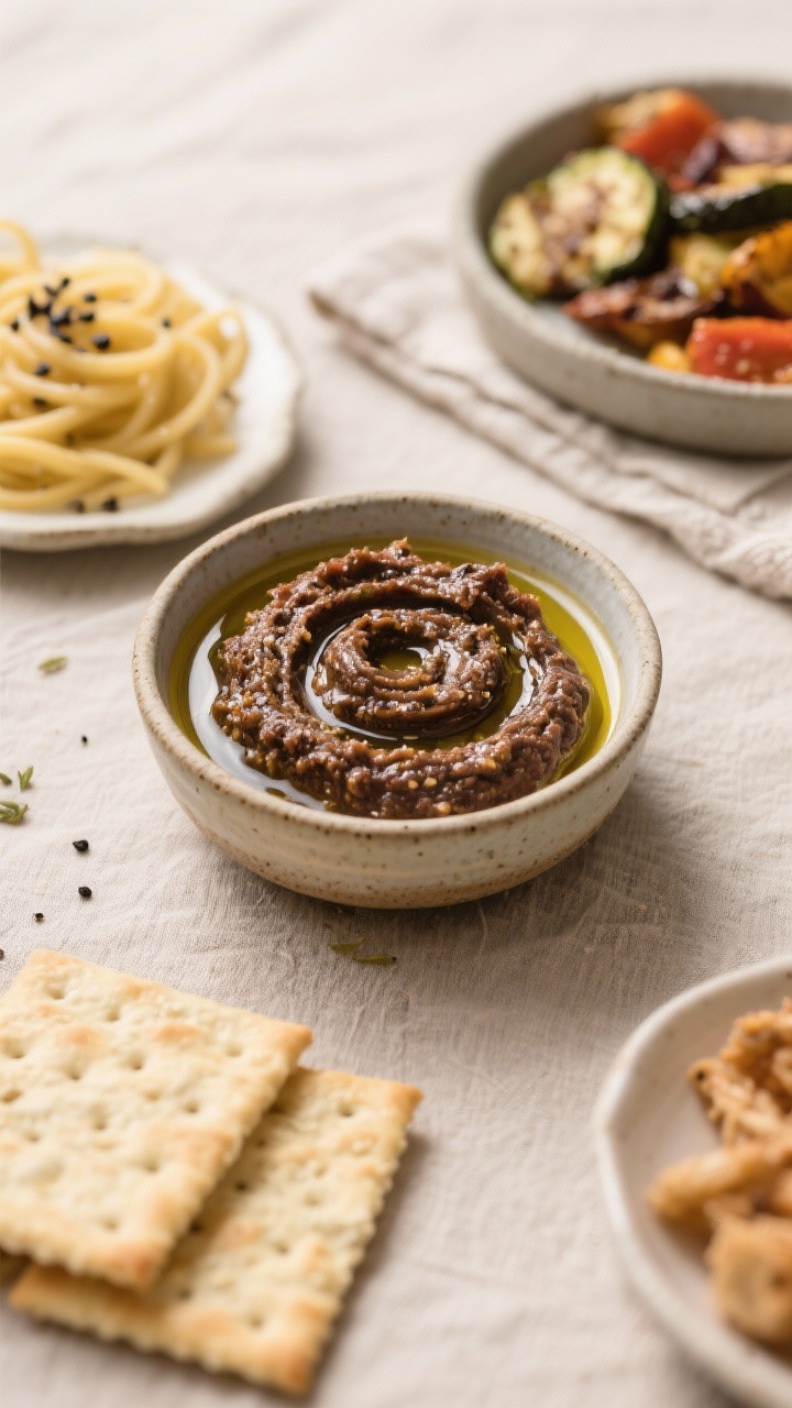 Tasty top view: Overhead tablescape of a small ceramic bowl piled with silky, darker tapenade (smoot