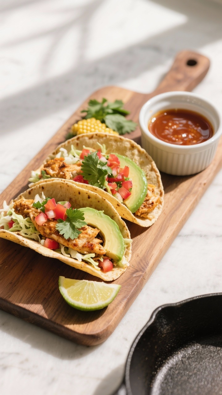 Tasty top view: Overhead taco assembly on a wooden board—warm corn tortillas filled with shredded 