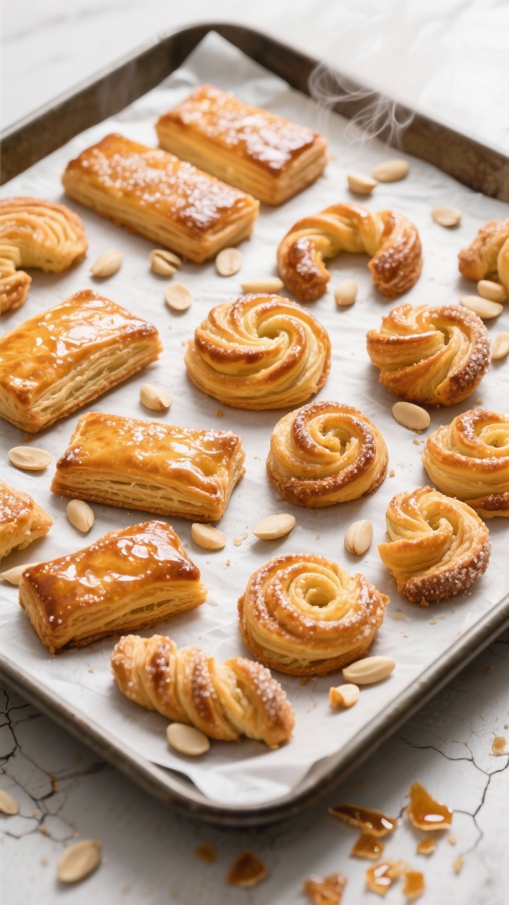 Tasty top view: Overhead tray shot of a full bake—deeply golden pastries in mixed shapes (rectangl
