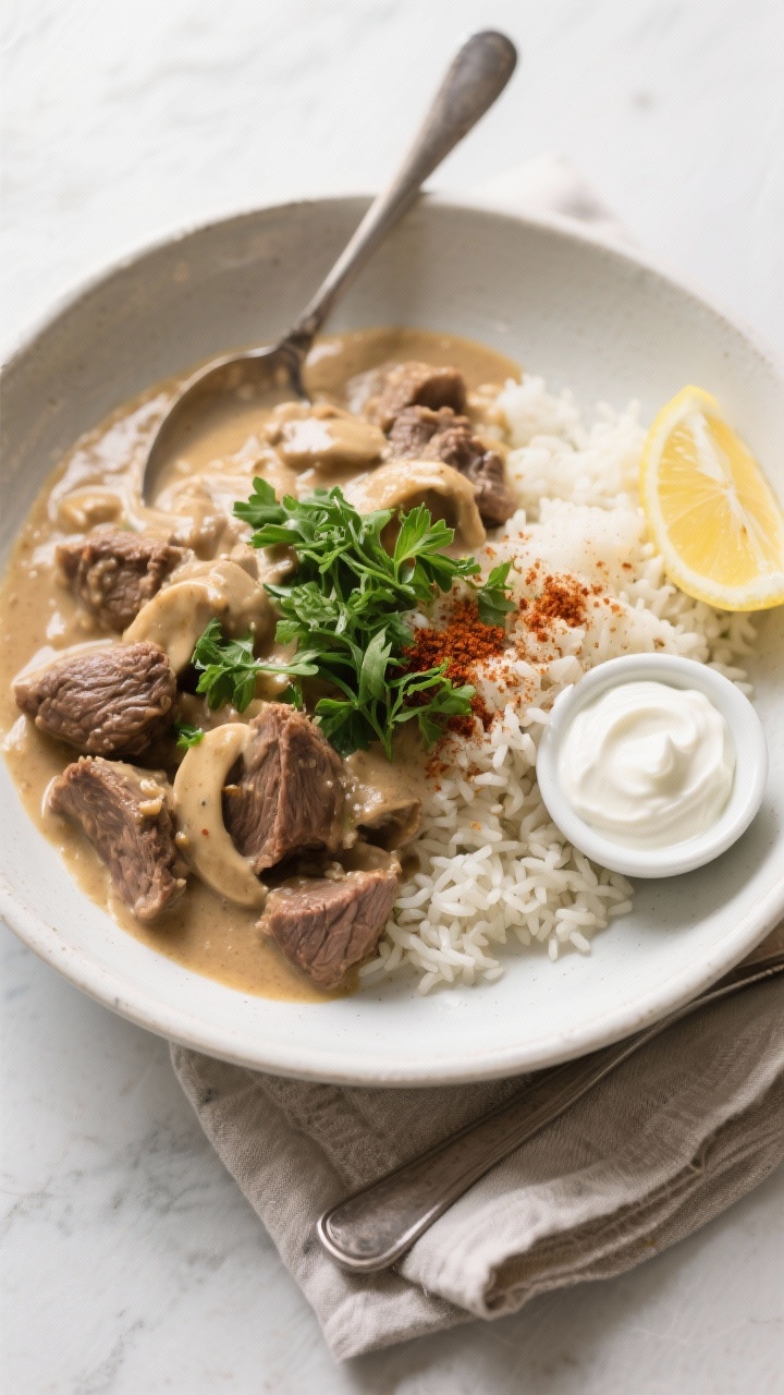 Tasty top view — Plated presentation: Overhead shot of a generous bowl of lamb stroganoff spooned 