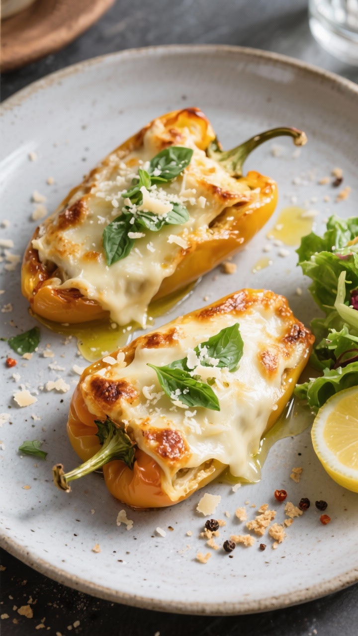 Tasty top view: Restaurant-style overhead plating of two White Lasagna Stuffed Peppers on a matte st