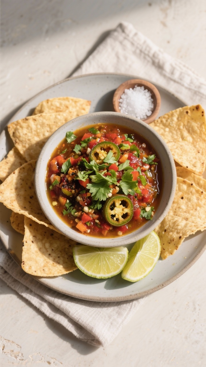 Tasty top view, serving with chips: Overhead shot of a vibrant bowl of roasted jalapeno salsa on a m