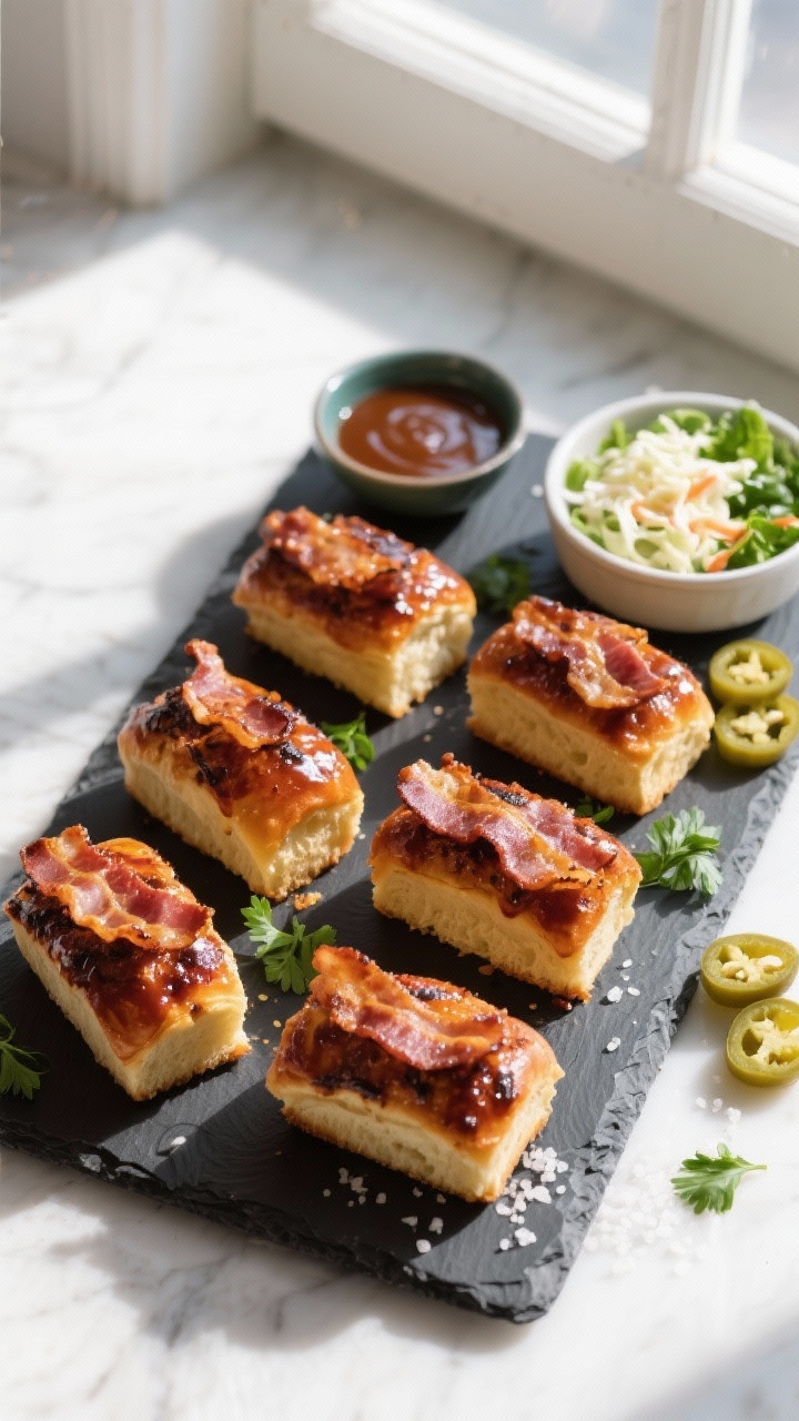 Tasty top-view shot: Overhead family-style spread—six mini loaves arranged on a dark slate board, 