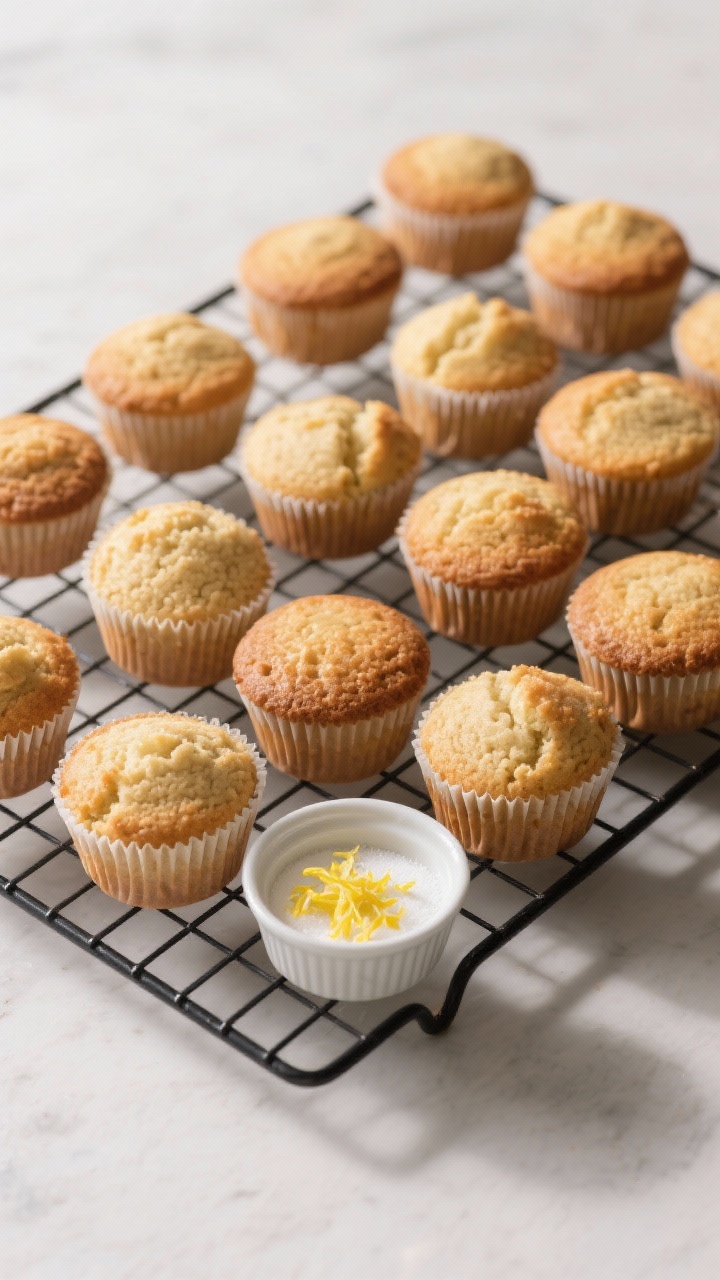 Tasty top-view shot: overhead of a cooling rack filled with unfrosted cupcakes at peak doneness—un