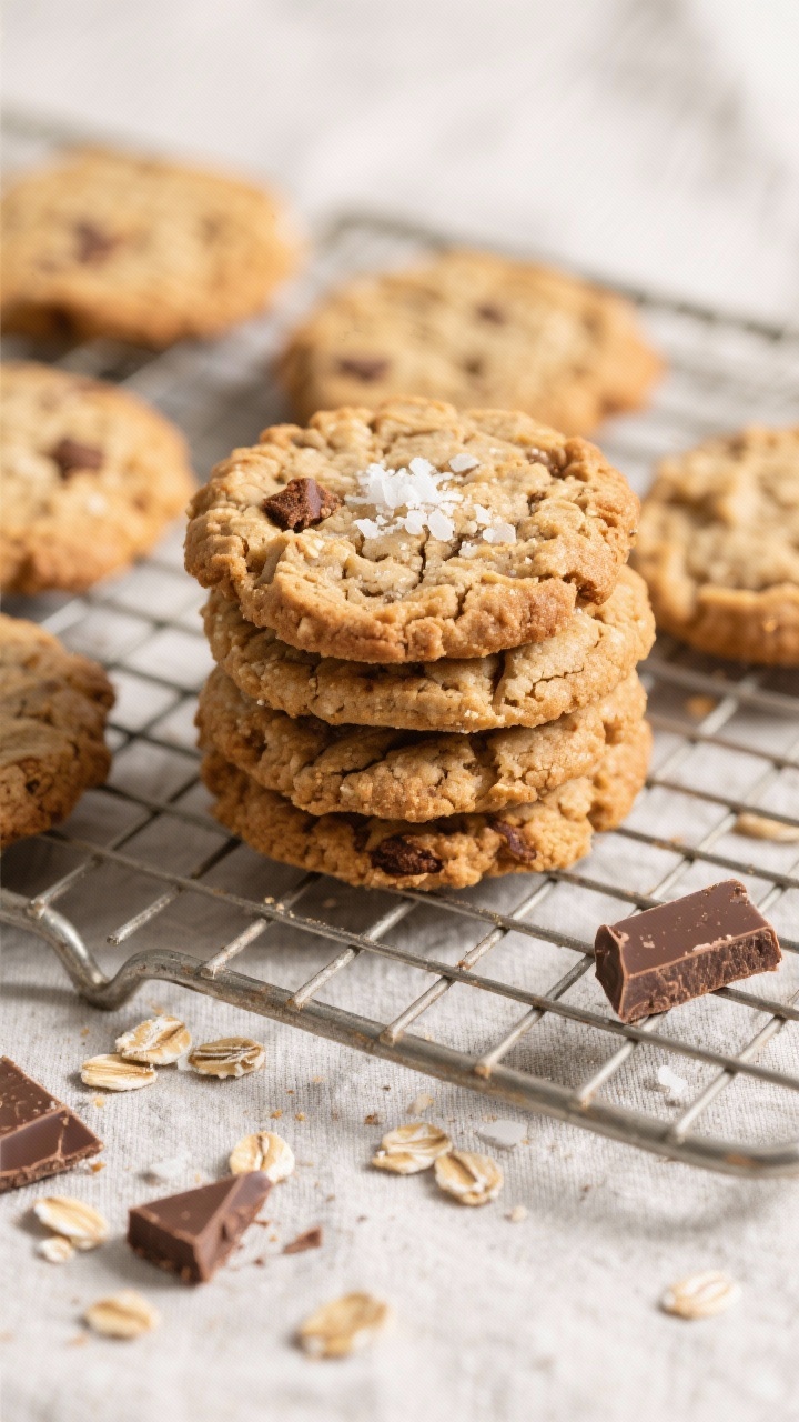 Tasty top-view shot: Overhead stack of fully cooled almond flour oatmeal cookies on a wire rack, edg