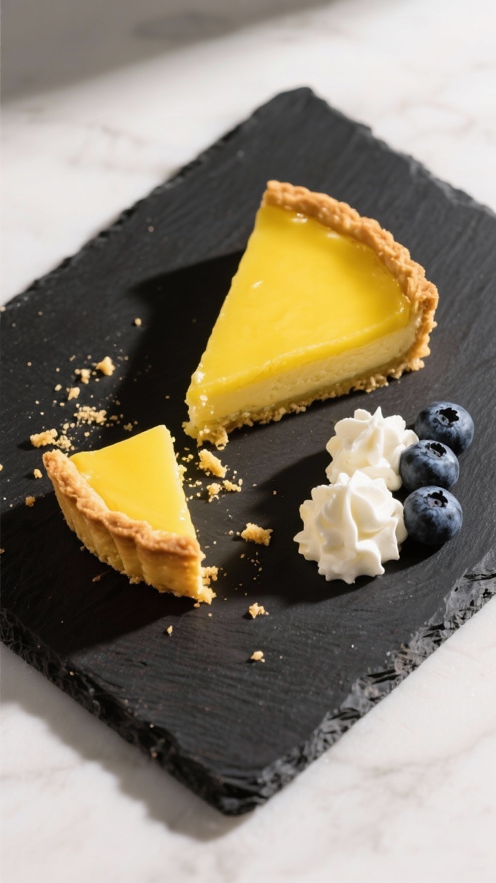 Tasty top view: Sliced lemon curd tart on a dark slate board to contrast the bright yellow filling a