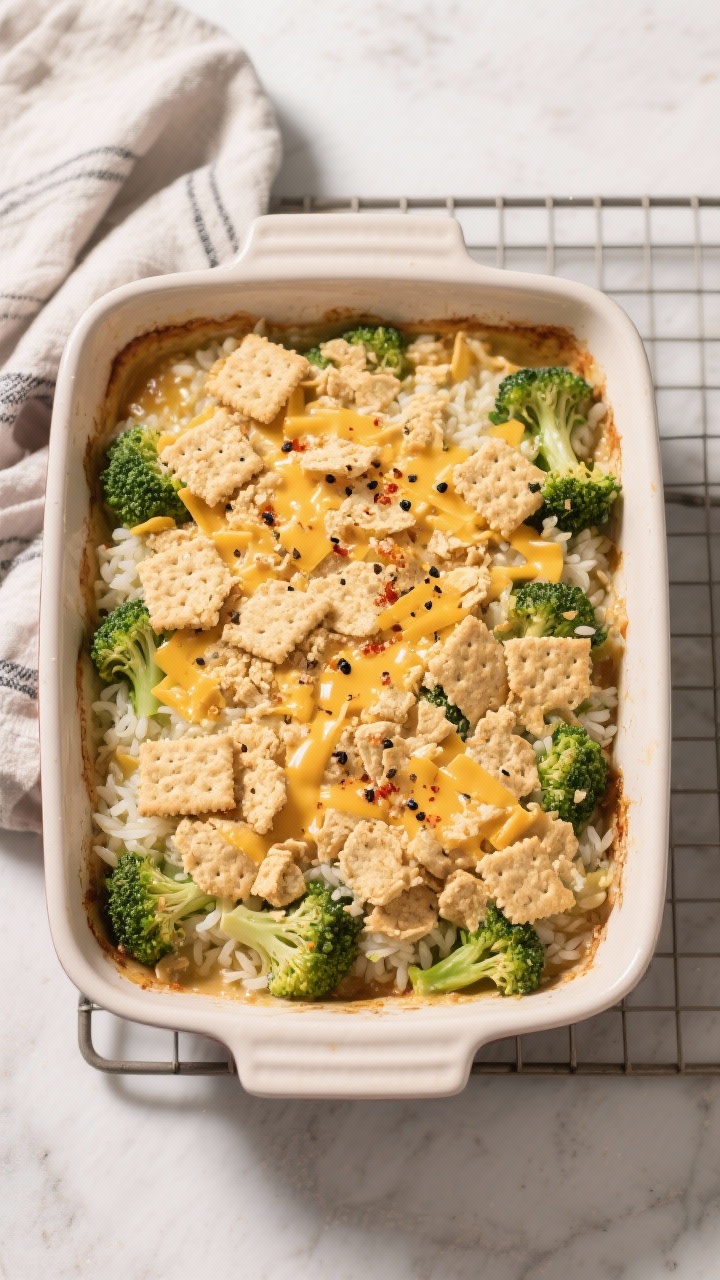 Tasty top view: The assembled casserole pre-bake in a 9x9 ceramic dish, overhead; even layer of sauc