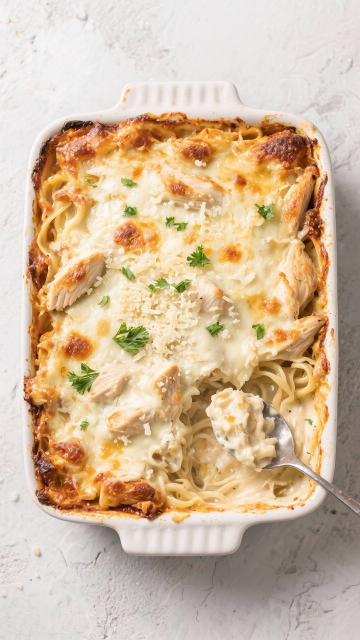 Tasty top view: The assembled Chicken Alfredo Bake in a 9x13 dish just out of the oven, edges bubbli