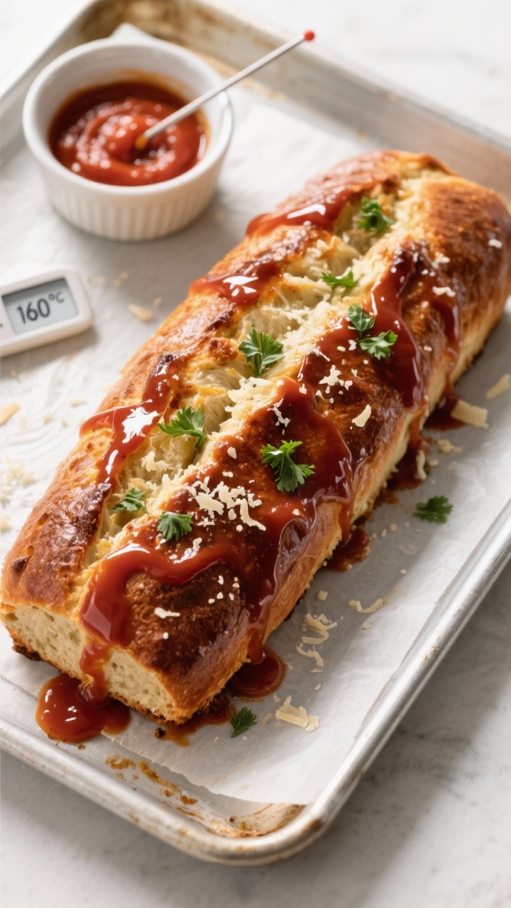 Tasty top view: The fully baked loaf on a sheet pan, brushed with a shiny ketchup–marinara–brown
