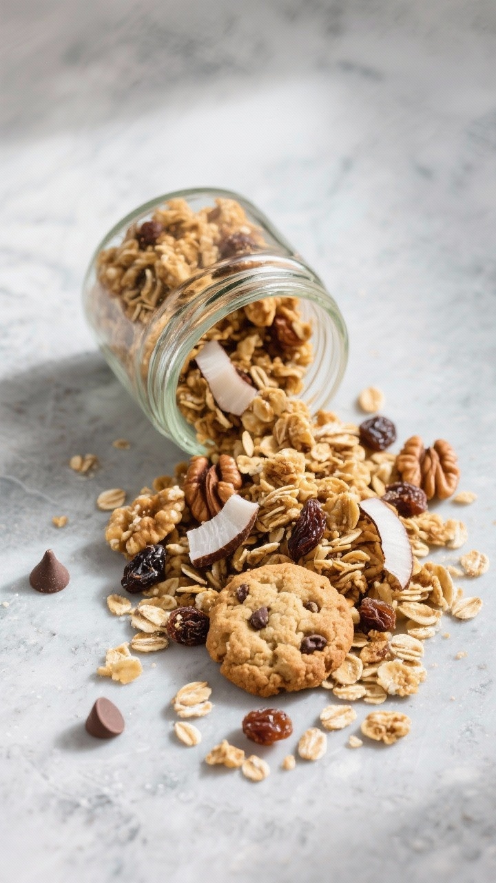 Tasty top view: Top-down shot of a jar and scattered serving of oatmeal cookie granola on a cool-ton
