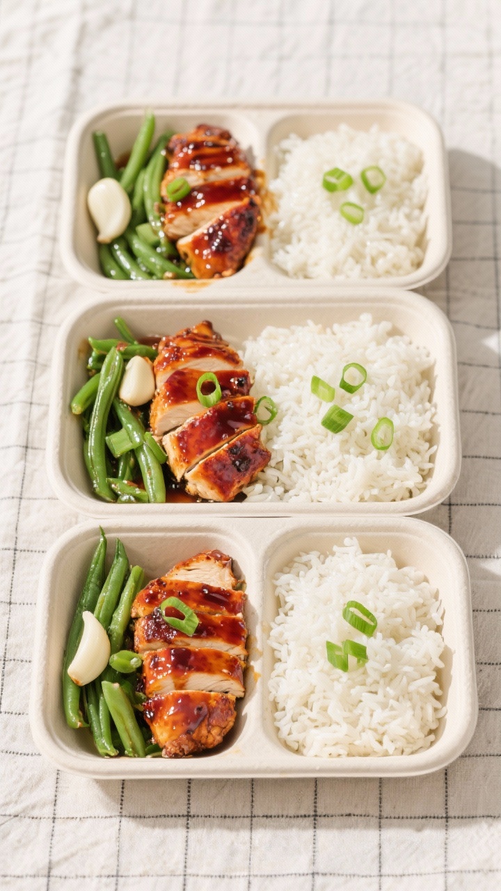 Tasty top view: Top-down shot of a meal-prep layout—three compartments with sliced BBQ chicken bre
