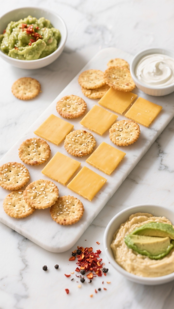 Tasty top view: Top-down shot of a snack board arrangement featuring a neat grid of cheese crisps (s