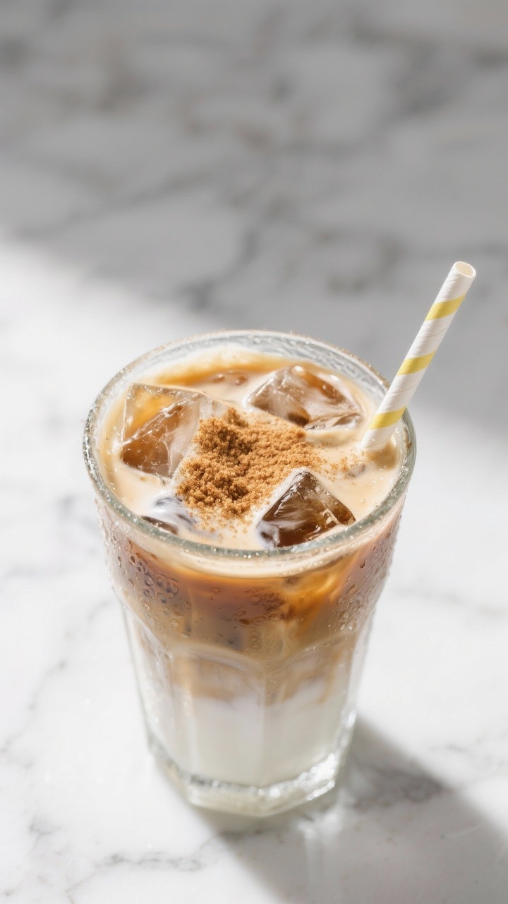 Tasty top view (variation highlight): Iced Snickerdoodle Latte in a clear glass filled with clinking