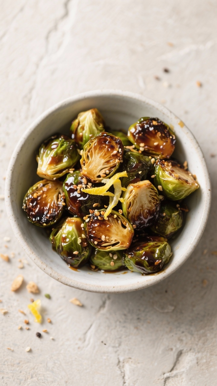 Tasty top view, variation: Overhead bowl of Brussels sprouts tossed in a balsamic-maple glaze, gloss