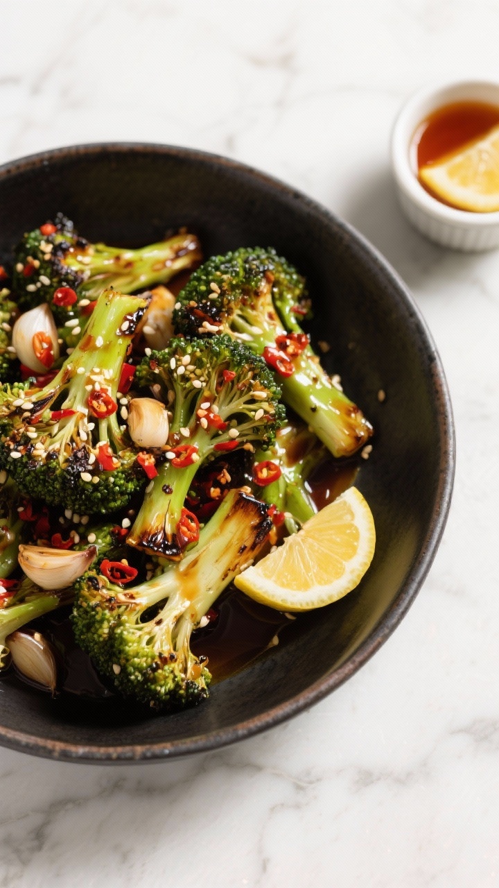 Tasty top view variation: Overhead bowl of Garlic-Chili broiled broccoli drizzled with chili crisp,
