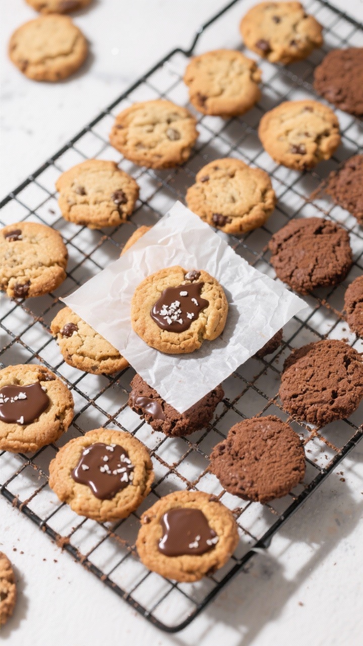 Tasty top view variation: Overhead shot of a cooling rack filled with baked cookies at different sta