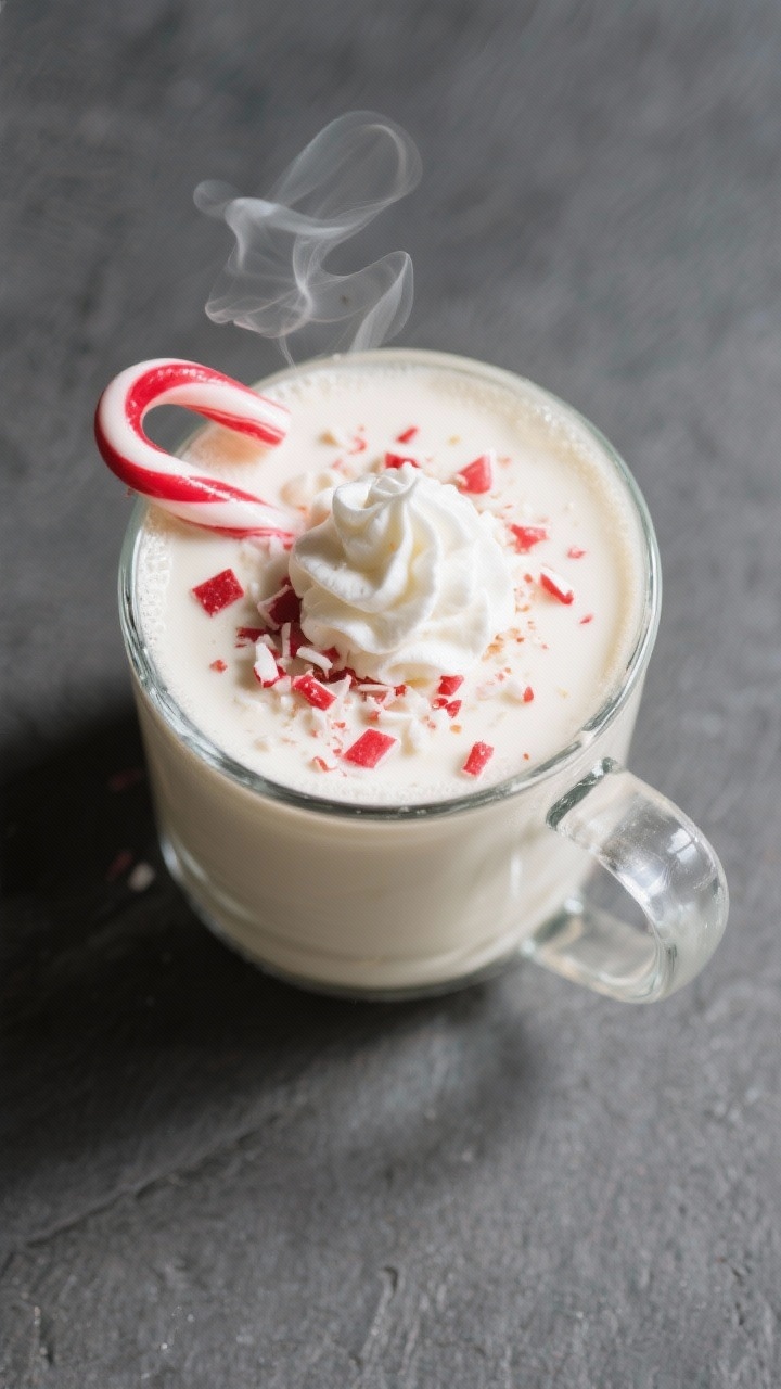 Tasty top view (variation): Overhead shot of Peppermint White Hot Chocolate—creamy ivory drink wit