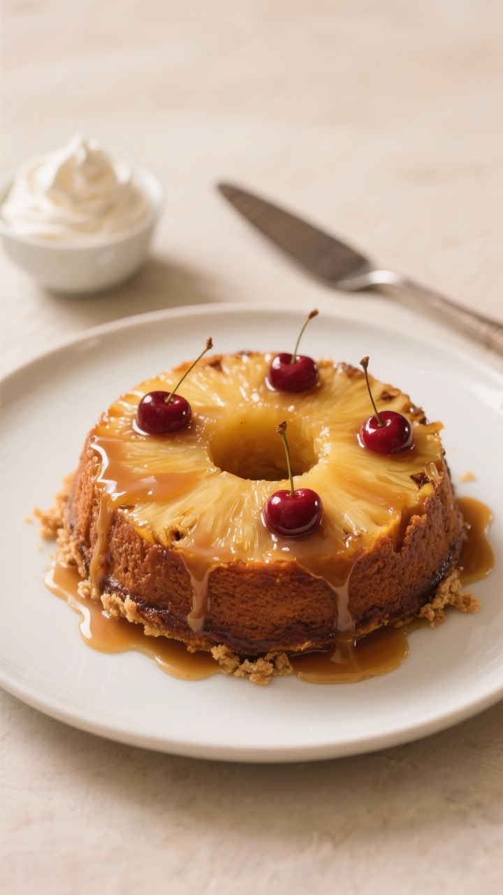 The flip moment — unmolded, glossy top: Three-quarter angle of a freshly inverted pineapple upside