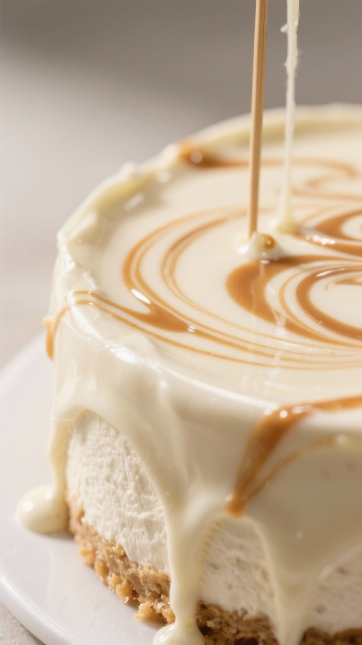 Topping detail — White chocolate ganache pour with peanut butter swirl: macro close-up of warm, gl
