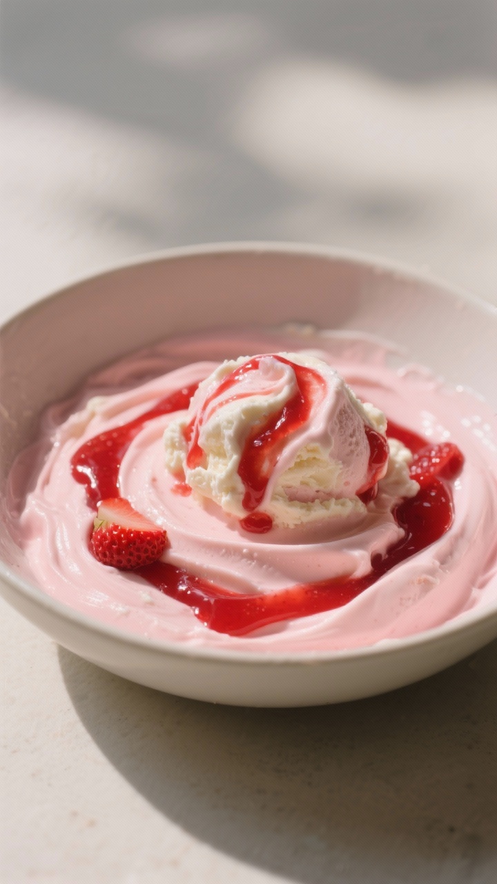 Variation-focused process shot: strawberry ricotta ice cream just after churning with ribbons of str