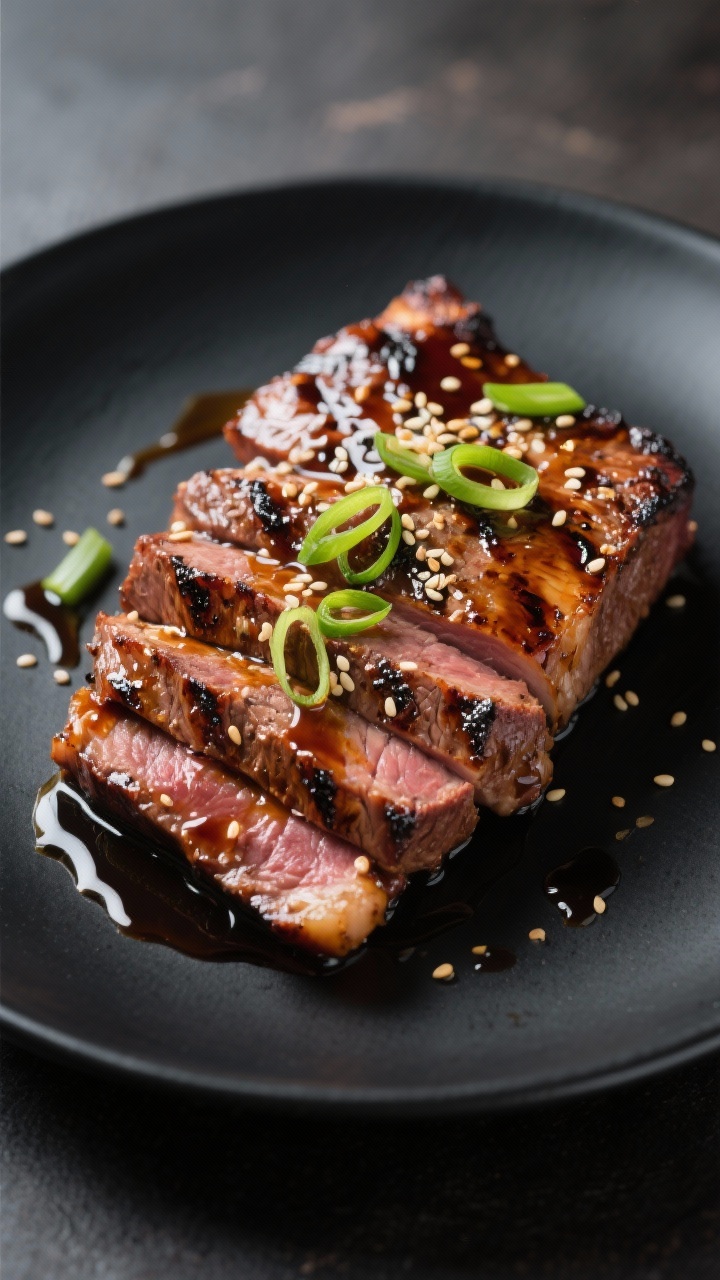 Variation highlight — Teriyaki-style finish: Grilled London broil sliced and stacked slightly offs