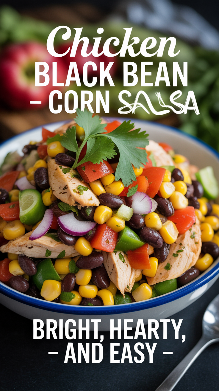 Pinterest pin for Chicken Black Bean Corn Salsa - Bright, Hearty, and Easy