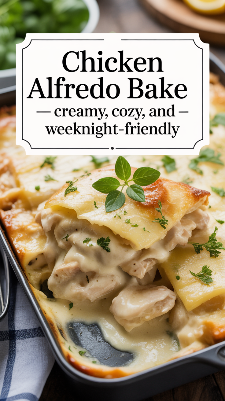 Pinterest pin for Chicken Alfredo Bake - Creamy, Cozy, and Weeknight-Friendly