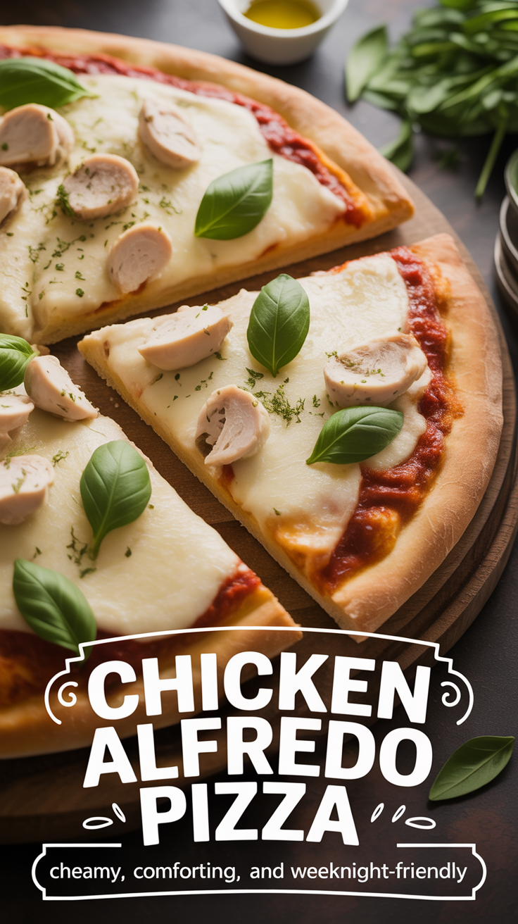 Pinterest pin for Chicken Alfredo Pizza - Creamy, Comforting, and Weeknight-Friendly