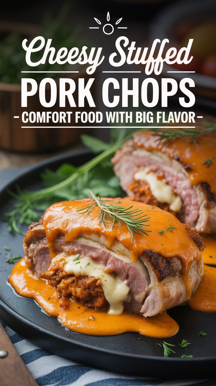 Pinterest pin for Cheesy Stuffed Pork Chops - Comfort Food With Big Flavor