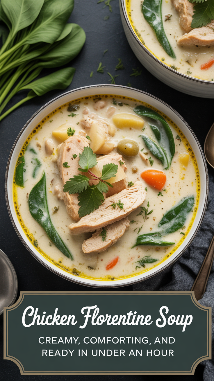 Pinterest pin for Chicken Florentine Soup - Creamy, Comforting, and Ready in Under an Hour