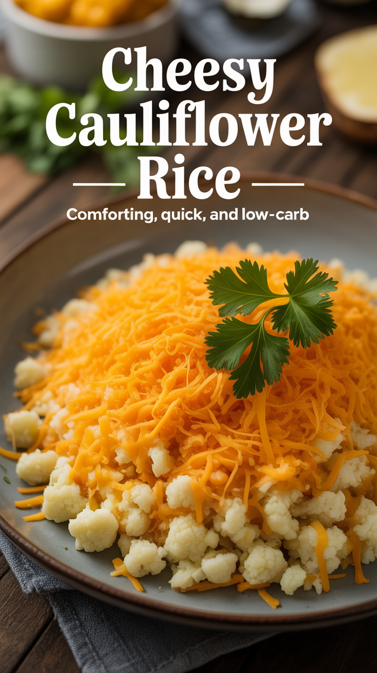 Pinterest pin for Cheesy Cauliflower Rice - Comforting, Quick, and Low-Carb