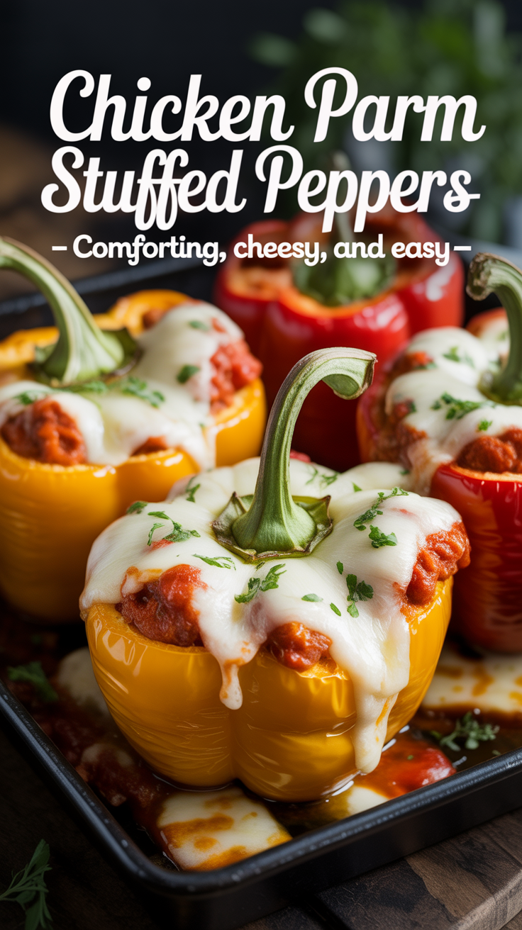Pinterest pin for Chicken Parm Stuffed Peppers - Comforting, Cheesy, and Easy