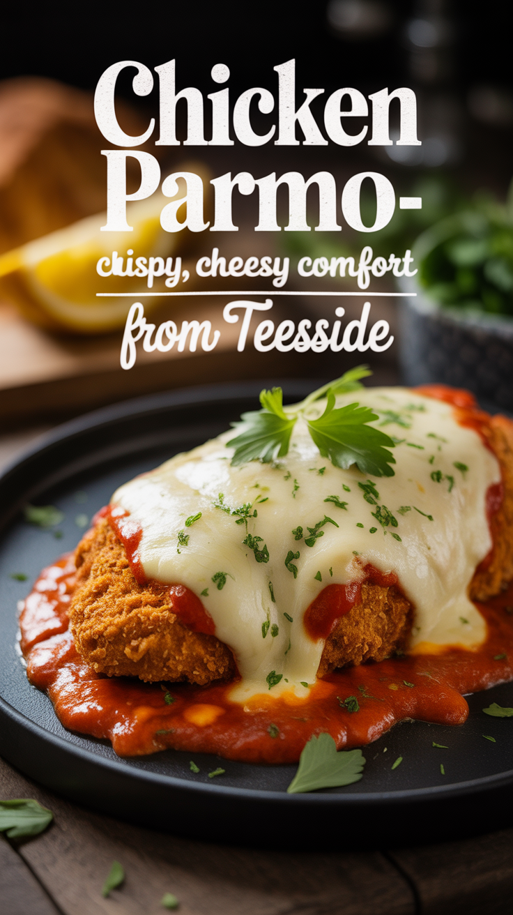 Pinterest pin for Chicken Parmo - Crispy, Cheesy Comfort From Teesside