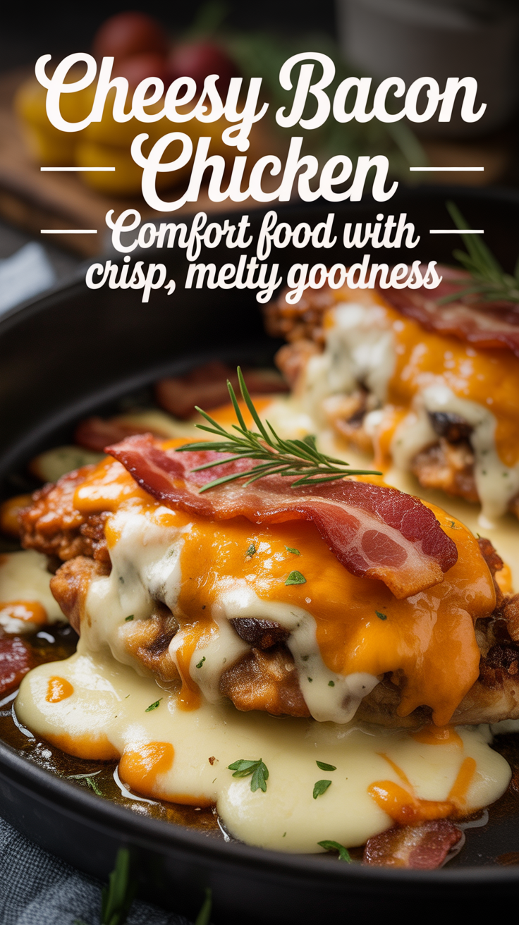 Pinterest pin for Cheesy Bacon Chicken - Comfort Food With Crisp, Melty Goodness