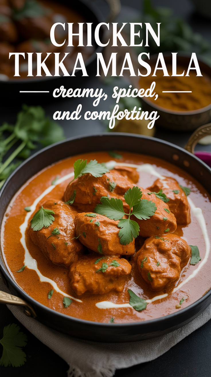 Pinterest pin for Chicken Tikka Masala - Creamy, Spiced, and Comforting