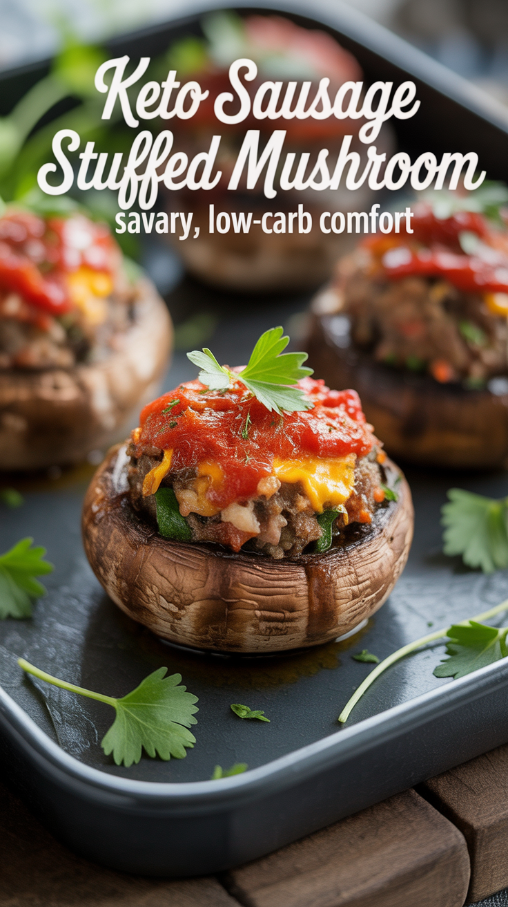 Pinterest pin for Keto Sausage Stuffed Mushroom - Savory, Low-Carb Comfort
